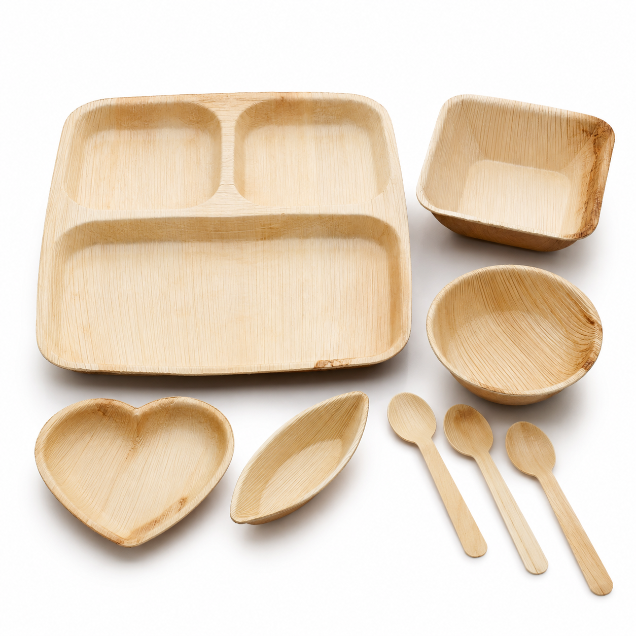 Areca Leaf Combo #08 - Set of 08 Pcs - Square Partition Plate: 09 Inches, 3 Compartments, Square Bowl: 4.5 X 4 Inches, Round Bowl: 4.5 Inches, Heart-Shaped Plate: 6.5 Inches, Boat-Shaped Plate: 2.5 X 4.5 Inches, Cutlery Spoons: 03 Pcs | Orika Naturals