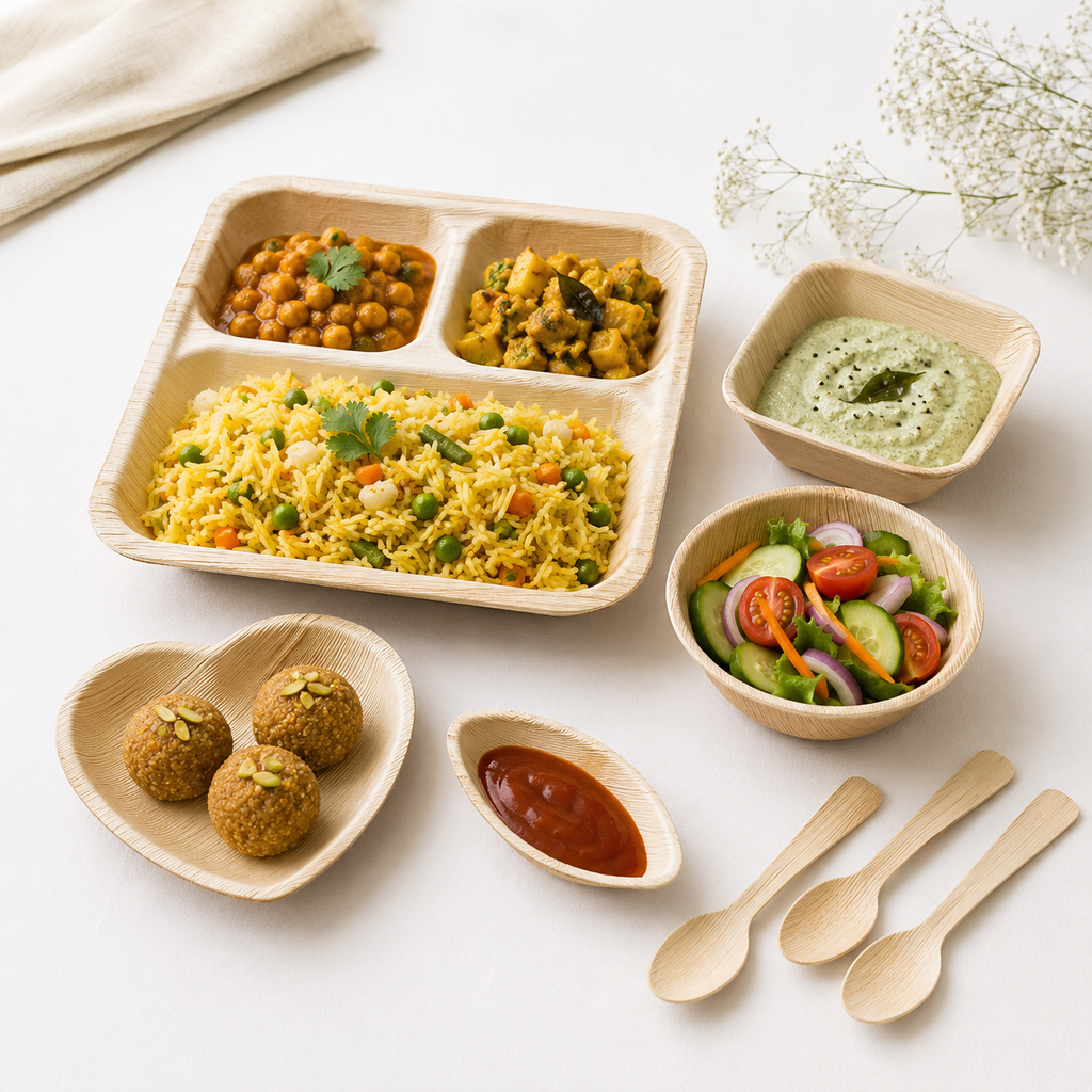 Areca Leaf Combo #08 - Set of 08 Pcs - Square Partition Plate: 09 Inches, 3 Compartments, Square Bowl: 4.5 X 4 Inches, Round Bowl: 4.5 Inches, Heart-Shaped Plate: 6.5 Inches, Boat-Shaped Plate: 2.5 X 4.5 Inches, Cutlery Spoons: 03 Pcs | Orika Naturals