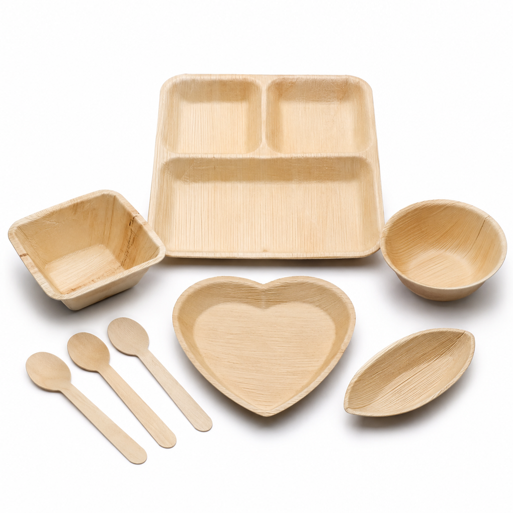 Areca Leaf Combo #08 - Set of 08 Pcs - Square Partition Plate: 09 Inches, 3 Compartments, Square Bowl: 4.5 X 4 Inches, Round Bowl: 4.5 Inches, Heart-Shaped Plate: 6.5 Inches, Boat-Shaped Plate: 2.5 X 4.5 Inches, Cutlery Spoons: 03 Pcs | Orika Naturals