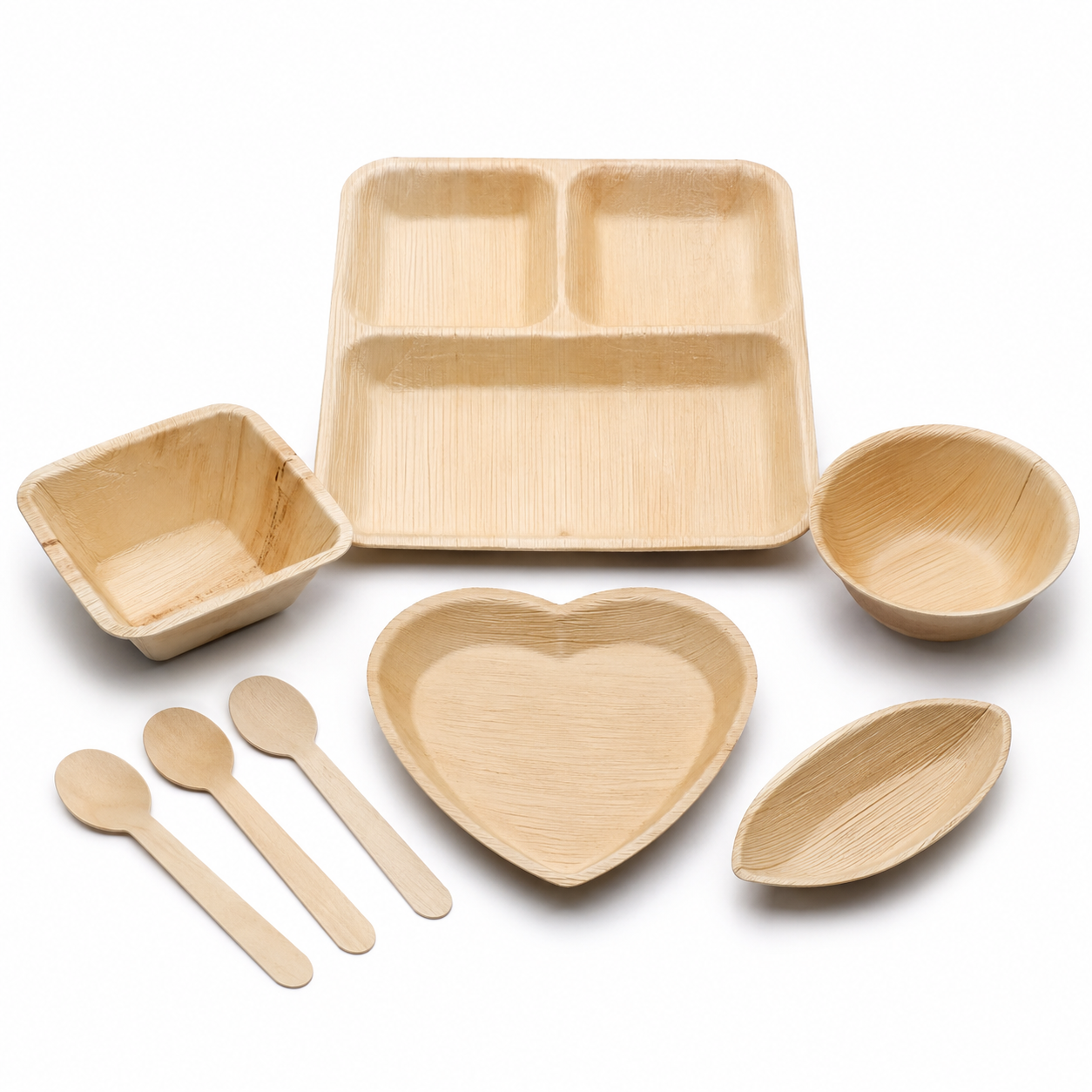 Areca Leaf Combo #08 - Set of 08 Pcs - Square Partition Plate: 09 Inches, 3 Compartments, Square Bowl: 4.5 X 4 Inches, Round Bowl: 4.5 Inches, Heart-Shaped Plate: 6.5 Inches, Boat-Shaped Plate: 2.5 X 4.5 Inches, Cutlery Spoons: 03 Pcs | Orika Naturals
