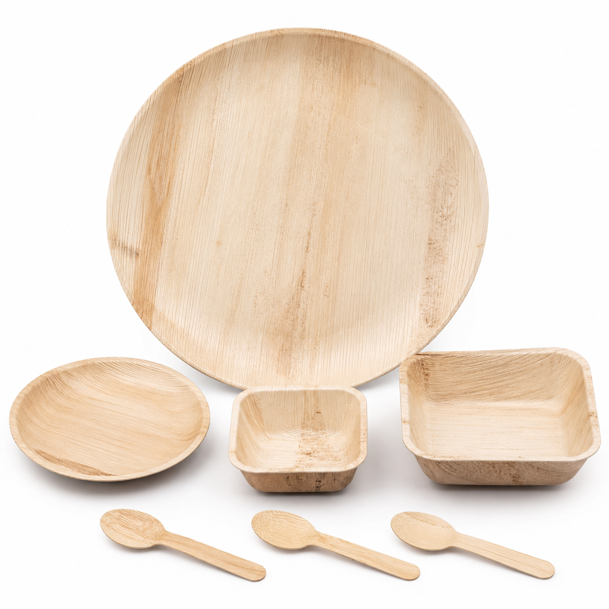 Areca Leaf Combo #09 - Set of 07 Pcs - Round Plate: 14 Inches, Round Shallow Plate: 07 Inches, Square Bowl: 05 Inches, Square Bowl: 6 X 5 Inches, Cutlery Spoons: 03 Pcs | Orika Naturals