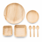 Areca Leaf Combo #09 - Set of 07 Pcs - Round Plate: 14 Inches, Round Shallow Plate: 07 Inches, Square Bowl: 05 Inches, Square Bowl: 6 X 5 Inches, Cutlery Spoons: 03 Pcs | Orika Naturals