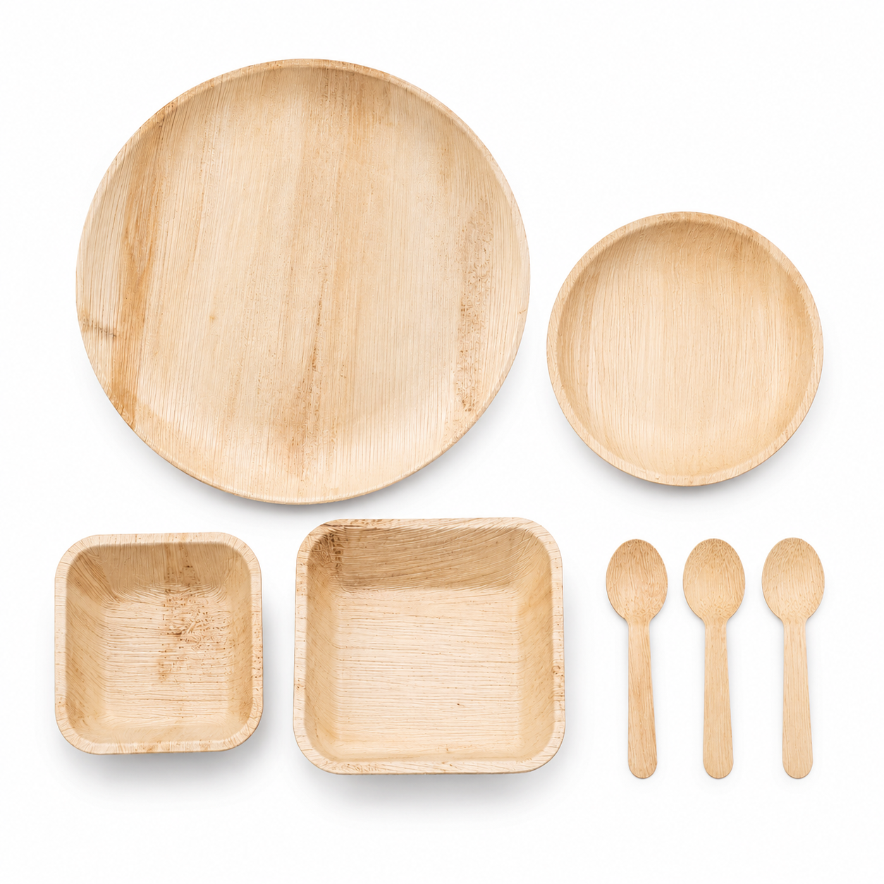 Areca Leaf Combo #09 - Set of 07 Pcs - Round Plate: 14 Inches, Round Shallow Plate: 07 Inches, Square Bowl: 05 Inches, Square Bowl: 6 X 5 Inches, Cutlery Spoons: 03 Pcs | Orika Naturals