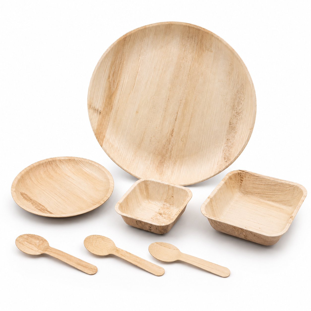 Areca Leaf Combo #09 - Set of 07 Pcs - Round Plate: 14 Inches, Round Shallow Plate: 07 Inches, Square Bowl: 05 Inches, Square Bowl: 6 X 5 Inches, Cutlery Spoons: 03 Pcs | Orika Naturals
