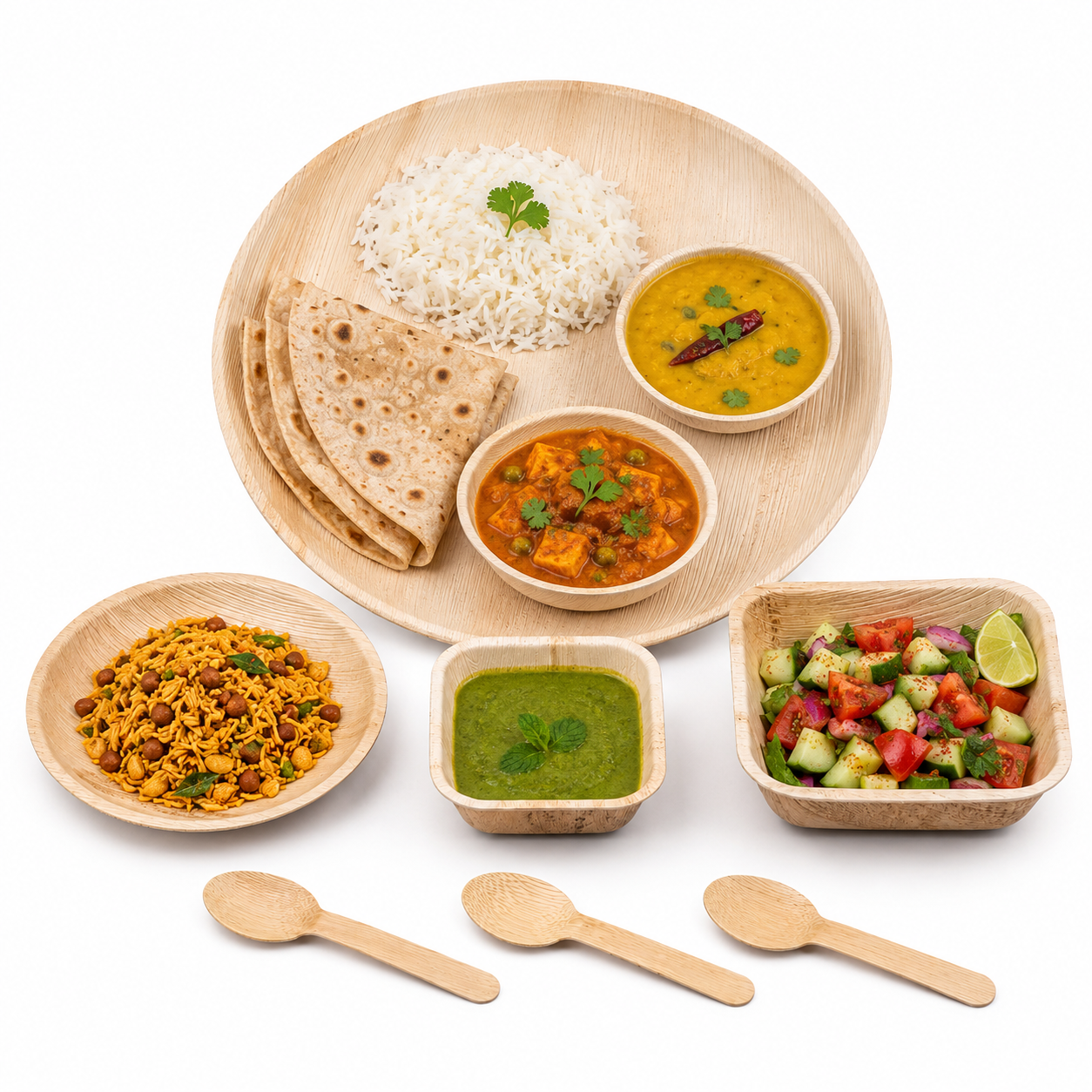 Areca Leaf Combo #09 - Set of 07 Pcs - Round Plate: 14 Inches, Round Shallow Plate: 07 Inches, Square Bowl: 05 Inches, Square Bowl: 6 X 5 Inches, Cutlery Spoons: 03 Pcs | Orika Naturals