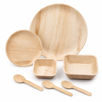 Areca Leaf Combo #09 - Set of 07 Pcs - Round Plate: 14 Inches, Round Shallow Plate: 07 Inches, Square Bowl: 05 Inches, Square Bowl: 6 X 5 Inches, Cutlery Spoons: 03 Pcs | Orika Naturals