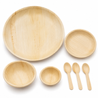 Areca Leaf Combo #10 - Set of 07 Pcs - Round Plate: 14 Inches, Round Shallow Plate: 08 Inches, Round Bowl: 5.5 Inches, Round Bowl: 2.5 Inches, Cutlery Spoons: 03 Pcs | Orika Naturals
