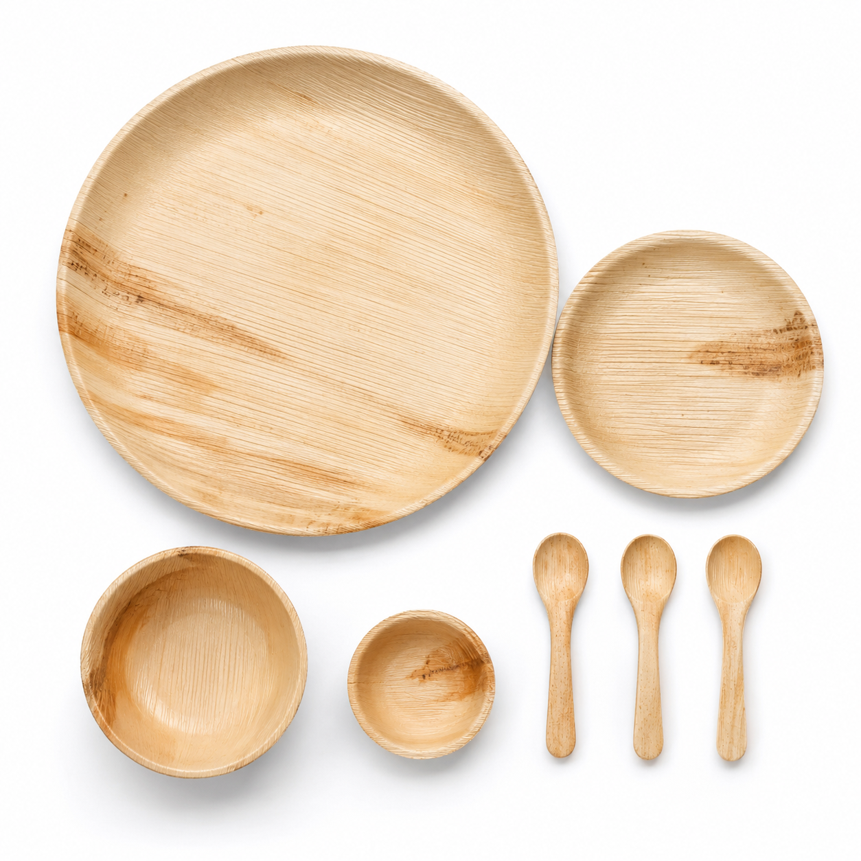 Areca Leaf Combo #10 - Set of 07 Pcs - Round Plate: 14 Inches, Round Shallow Plate: 08 Inches, Round Bowl: 5.5 Inches, Round Bowl: 2.5 Inches, Cutlery Spoons: 03 Pcs | Orika Naturals