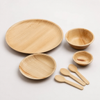 Areca Leaf Combo #10 - Set of 07 Pcs - Round Plate: 14 Inches, Round Shallow Plate: 08 Inches, Round Bowl: 5.5 Inches, Round Bowl: 2.5 Inches, Cutlery Spoons: 03 Pcs | Orika Naturals