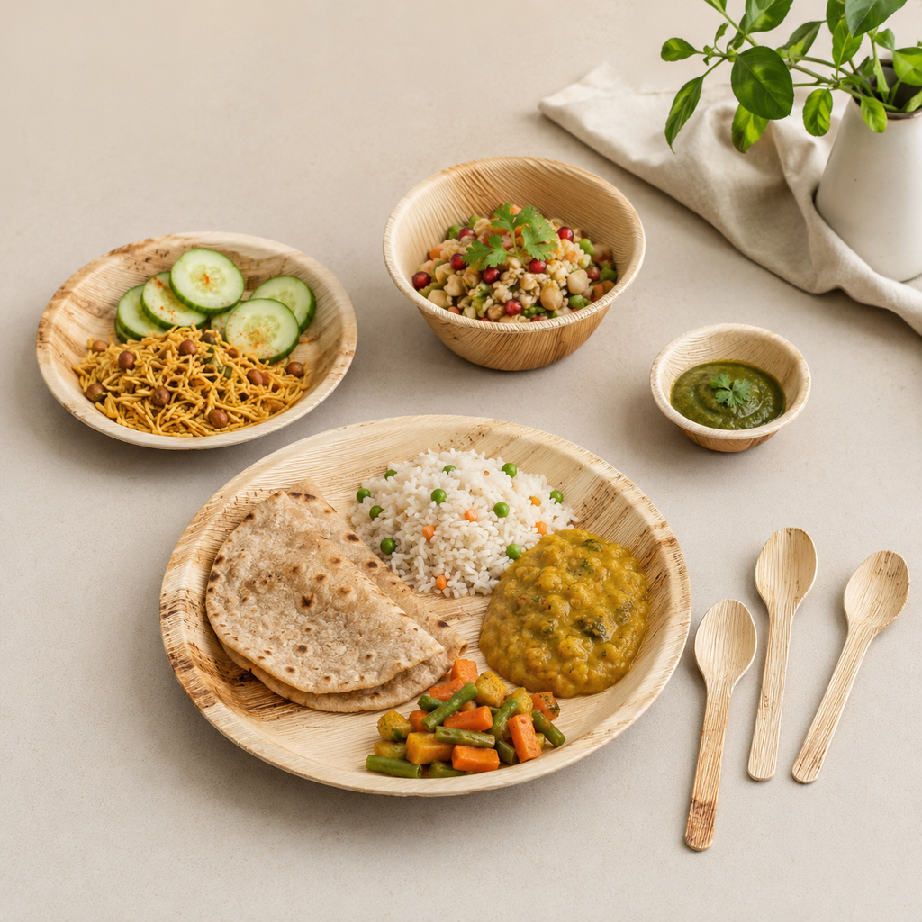 Areca Leaf Combo #10 - Set of 07 Pcs - Round Plate: 14 Inches, Round Shallow Plate: 08 Inches, Round Bowl: 5.5 Inches, Round Bowl: 2.5 Inches, Cutlery Spoons: 03 Pcs | Orika Naturals