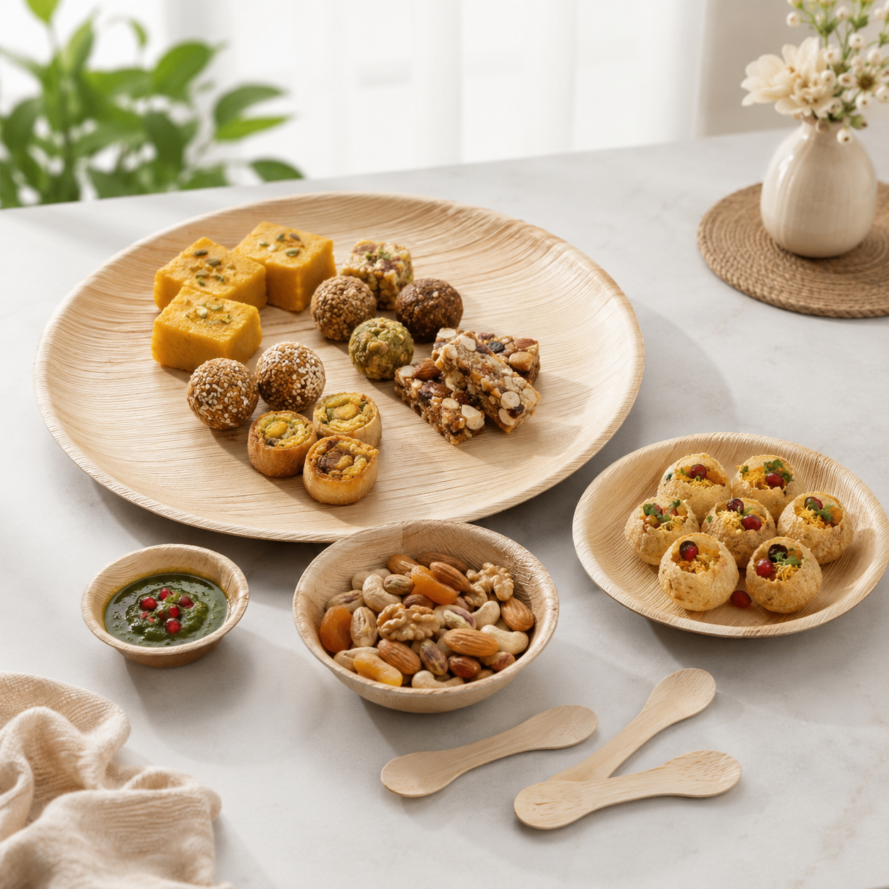 Areca Leaf Combo #10 - Set of 07 Pcs - Round Plate: 14 Inches, Round Shallow Plate: 08 Inches, Round Bowl: 5.5 Inches, Round Bowl: 2.5 Inches, Cutlery Spoons: 03 Pcs | Orika Naturals