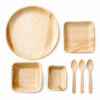 Areca Leaf Combo #11 - Set of 07 Pcs - Round Shallow Plate: 10 Inches, Square Plate: 04 Inches, Square Bowl: 05 Inches, Square Bowl: 3 X 4 Inches, Cutlery Spoons: 03 Pcs | Orika Naturals