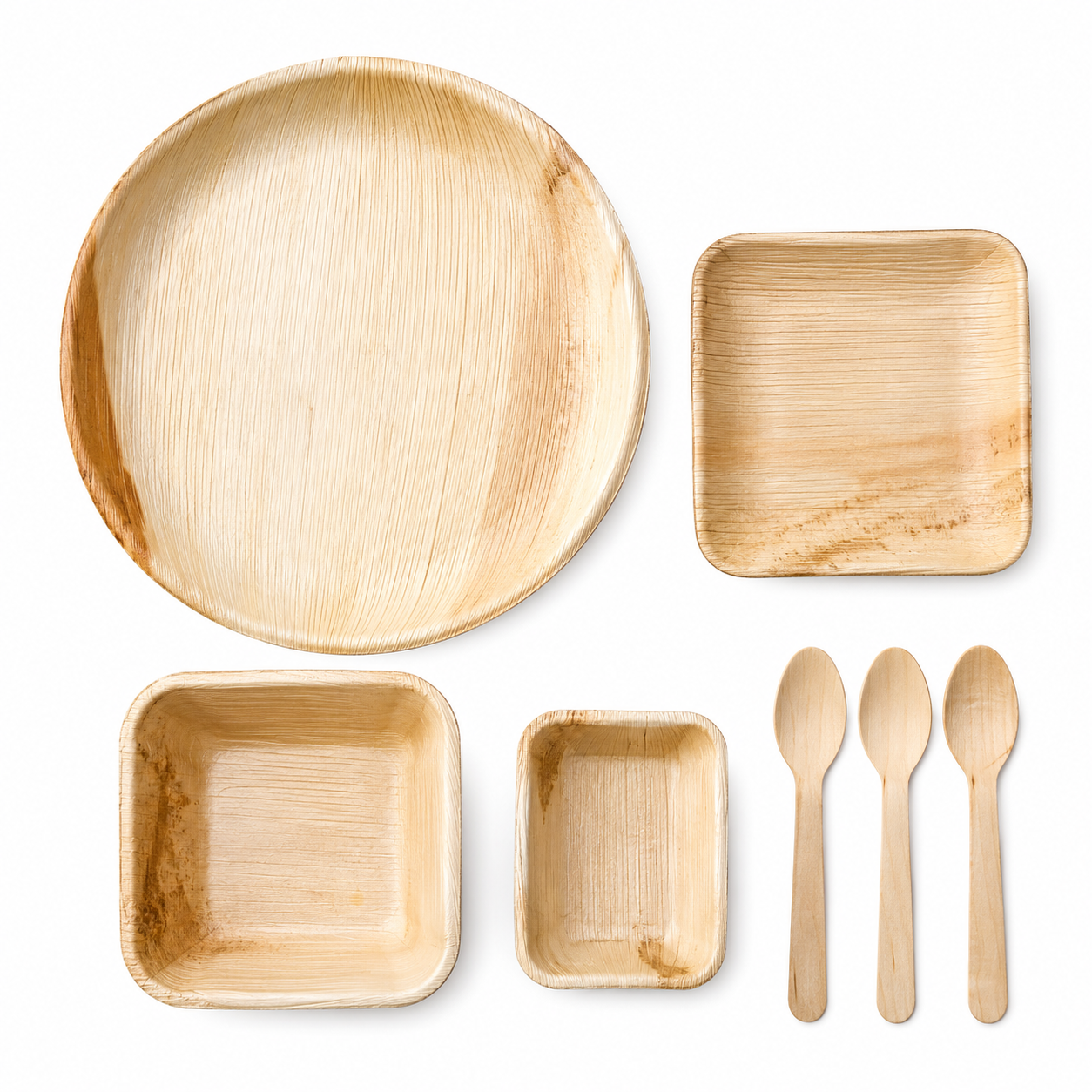 Areca Leaf Combo #11 - Set of 07 Pcs - Round Shallow Plate: 10 Inches, Square Plate: 04 Inches, Square Bowl: 05 Inches, Square Bowl: 3 X 4 Inches, Cutlery Spoons: 03 Pcs | Orika Naturals