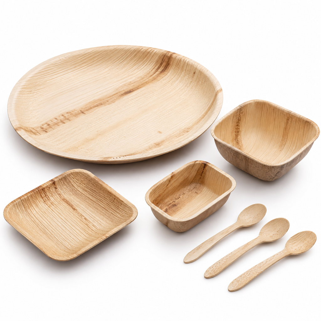 Areca Leaf Combo #11 - Set of 07 Pcs - Round Shallow Plate: 10 Inches, Square Plate: 04 Inches, Square Bowl: 05 Inches, Square Bowl: 3 X 4 Inches, Cutlery Spoons: 03 Pcs | Orika Naturals