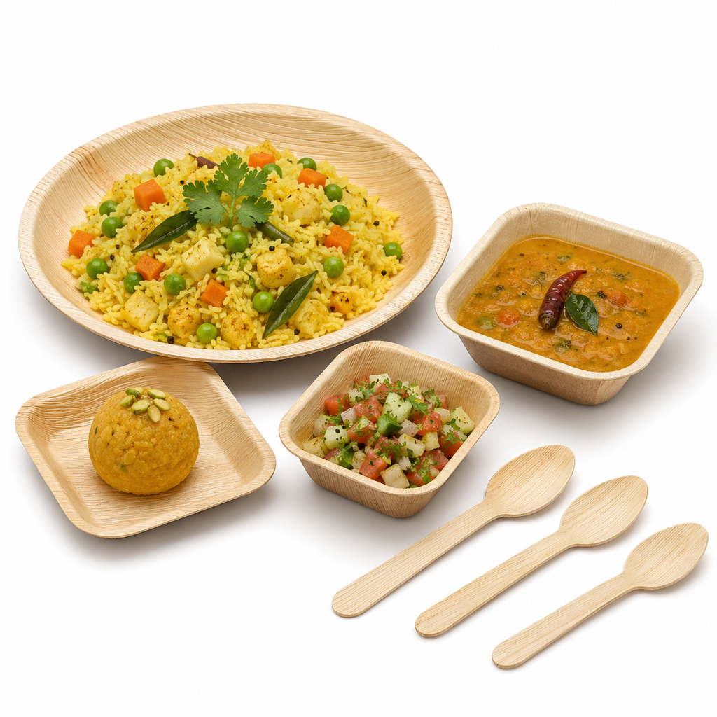 Areca Leaf Combo #11 - Set of 07 Pcs - Round Shallow Plate: 10 Inches, Square Plate: 04 Inches, Square Bowl: 05 Inches, Square Bowl: 3 X 4 Inches, Cutlery Spoons: 03 Pcs | Orika Naturals