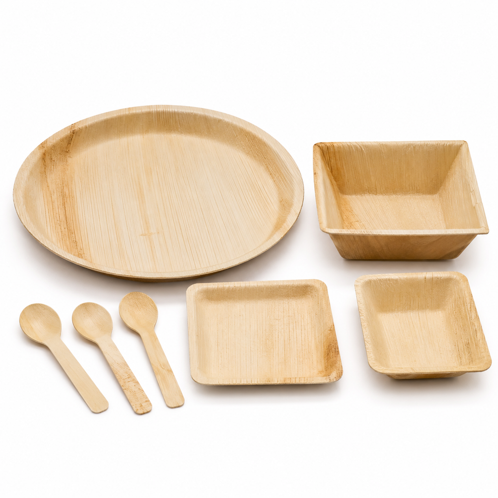 Areca Leaf Combo #11 - Set of 07 Pcs - Round Shallow Plate: 10 Inches, Square Plate: 04 Inches, Square Bowl: 05 Inches, Square Bowl: 3 X 4 Inches, Cutlery Spoons: 03 Pcs | Orika Naturals