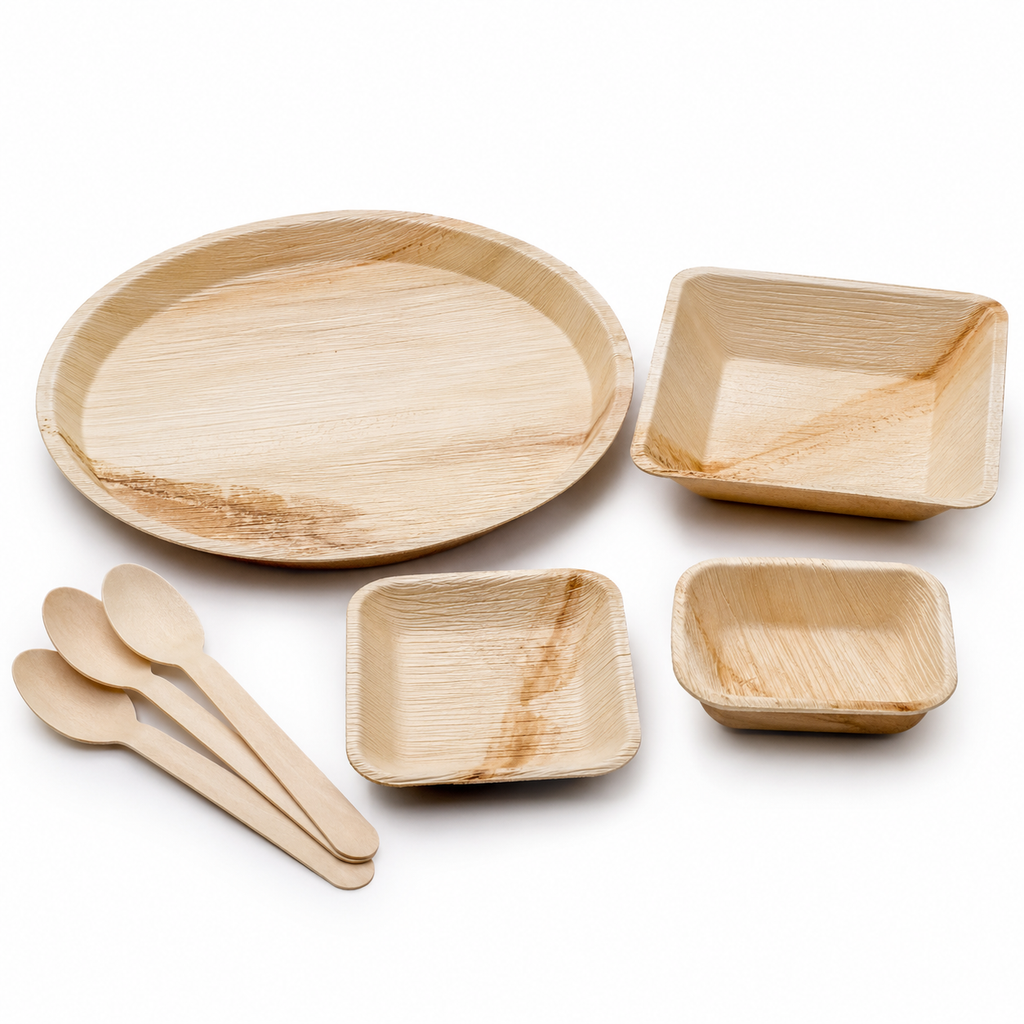 Areca Leaf Combo #11 - Set of 07 Pcs - Round Shallow Plate: 10 Inches, Square Plate: 04 Inches, Square Bowl: 05 Inches, Square Bowl: 3 X 4 Inches, Cutlery Spoons: 03 Pcs | Orika Naturals