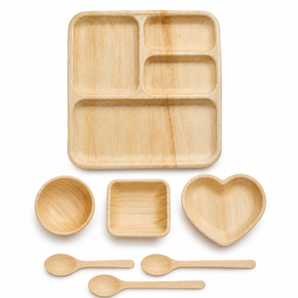 Areca Leaf Combo #12 - Set of 07 Pcs - Square Partition Plate: 10 Inches, 4 Compartments, Round Bowl: 2.5 Inches, Square Bowl: 3 X 4 Inches, Heart-Shaped Plate: 04 Inches, Cutlery Spoons: 03 Pcs | Orika Naturals
