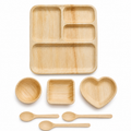 Areca Leaf Combo #12 - Set of 07 Pcs - Square Partition Plate: 10 Inches, 4 Compartments, Round Bowl: 2.5 Inches, Square Bowl: 3 X 4 Inches, Heart-Shaped Plate: 04 Inches, Cutlery Spoons: 03 Pcs | Orika Naturals