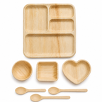Areca Leaf Combo #12 - Set of 07 Pcs - Square Partition Plate: 10 Inches, 4 Compartments, Round Bowl: 2.5 Inches, Square Bowl: 3 X 4 Inches, Heart-Shaped Plate: 04 Inches, Cutlery Spoons: 03 Pcs | Orika Naturals