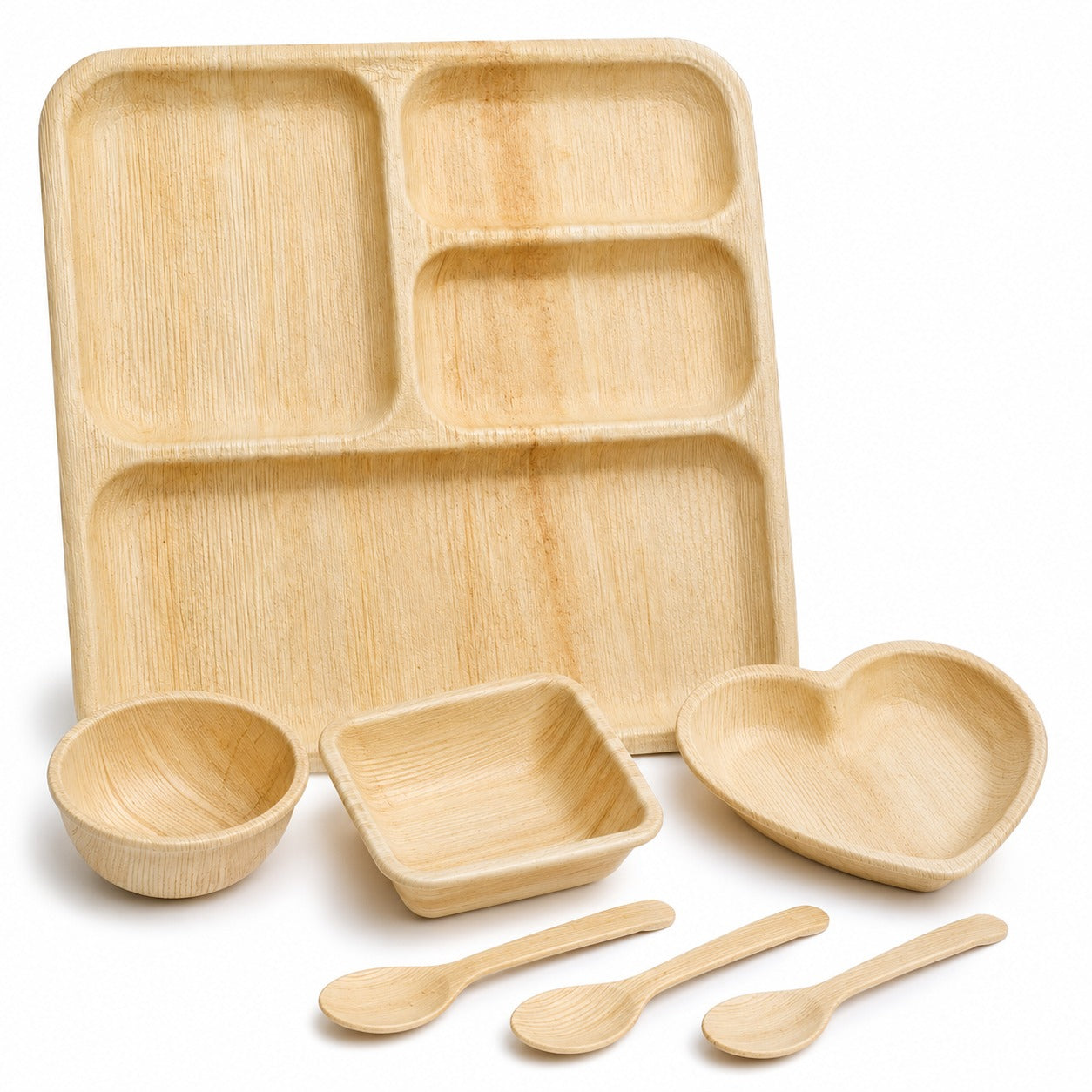 Areca Leaf Combo #12 - Set of 07 Pcs - Square Partition Plate: 10 Inches, 4 Compartments, Round Bowl: 2.5 Inches, Square Bowl: 3 X 4 Inches, Heart-Shaped Plate: 04 Inches, Cutlery Spoons: 03 Pcs | Orika Naturals