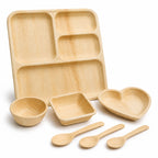 Areca Leaf Combo #12 - Set of 07 Pcs - Square Partition Plate: 10 Inches, 4 Compartments, Round Bowl: 2.5 Inches, Square Bowl: 3 X 4 Inches, Heart-Shaped Plate: 04 Inches, Cutlery Spoons: 03 Pcs | Orika Naturals