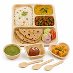 Areca Leaf Combo #12 - Set of 07 Pcs - Square Partition Plate: 10 Inches, 4 Compartments, Round Bowl: 2.5 Inches, Square Bowl: 3 X 4 Inches, Heart-Shaped Plate: 04 Inches, Cutlery Spoons: 03 Pcs | Orika Naturals