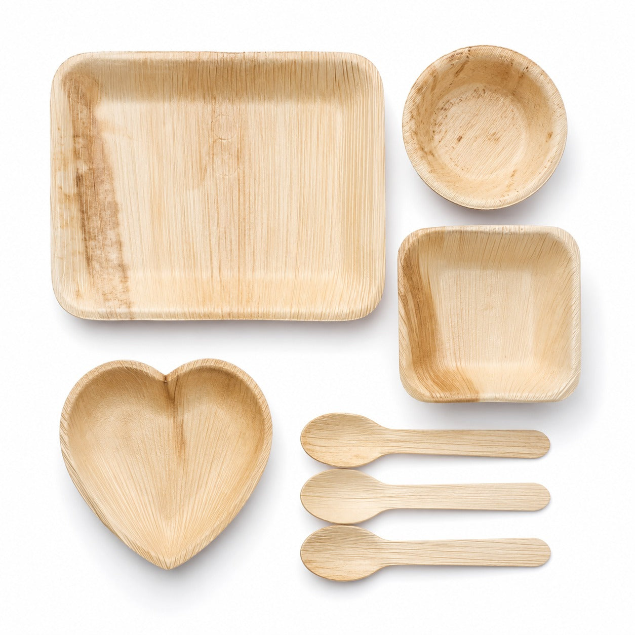 Areca Leaf Combo #13 - Set of 07 Pcs - Rectangular Partition Plate: 6 X 9 Inches, Round Bowl: 2.5 Inches, Square Bowl: 3 X 4 Inches, Heart-Shaped Plate: 04 Inches, Cutlery Spoons: 03 Pcs | Orika Naturals