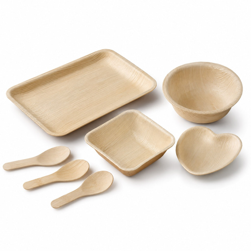 Areca Leaf Combo #13 - Set of 07 Pcs - Rectangular Partition Plate: 6 X 9 Inches, Round Bowl: 2.5 Inches, Square Bowl: 3 X 4 Inches, Heart-Shaped Plate: 04 Inches, Cutlery Spoons: 03 Pcs | Orika Naturals