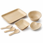 Areca Leaf Combo #13 - Set of 07 Pcs - Rectangular Partition Plate: 6 X 9 Inches, Round Bowl: 2.5 Inches, Square Bowl: 3 X 4 Inches, Heart-Shaped Plate: 04 Inches, Cutlery Spoons: 03 Pcs | Orika Naturals