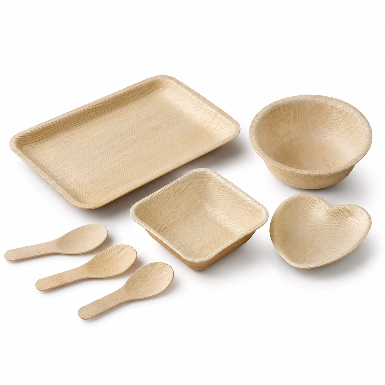Areca Leaf Combo #13 - Set of 07 Pcs - Rectangular Partition Plate: 6 X 9 Inches, Round Bowl: 2.5 Inches, Square Bowl: 3 X 4 Inches, Heart-Shaped Plate: 04 Inches, Cutlery Spoons: 03 Pcs | Orika Naturals