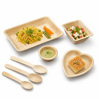 Areca Leaf Combo #13 - Set of 07 Pcs - Rectangular Partition Plate: 6 X 9 Inches, Round Bowl: 2.5 Inches, Square Bowl: 3 X 4 Inches, Heart-Shaped Plate: 04 Inches, Cutlery Spoons: 03 Pcs | Orika Naturals
