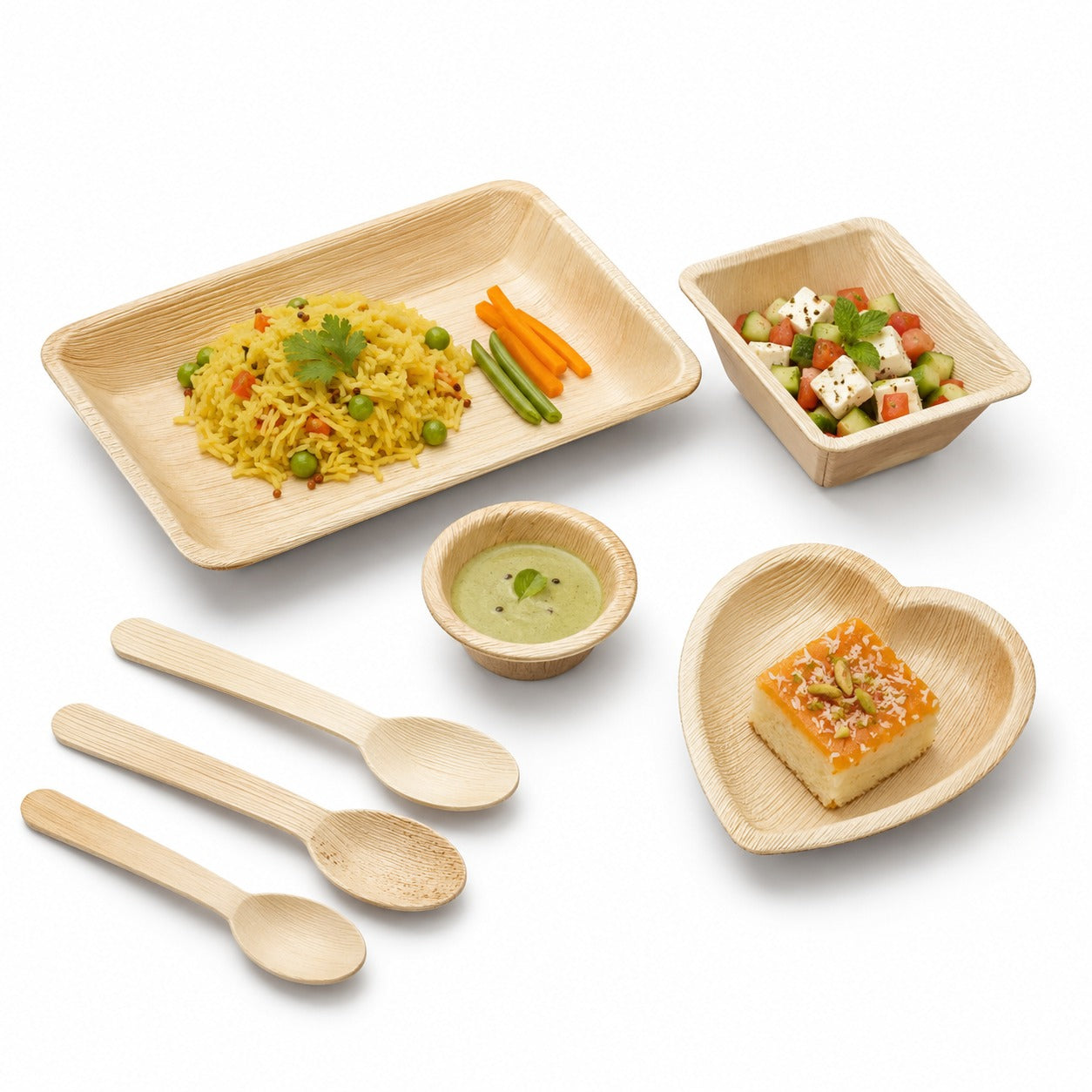 Areca Leaf Combo #13 - Set of 07 Pcs - Rectangular Partition Plate: 6 X 9 Inches, Round Bowl: 2.5 Inches, Square Bowl: 3 X 4 Inches, Heart-Shaped Plate: 04 Inches, Cutlery Spoons: 03 Pcs | Orika Naturals