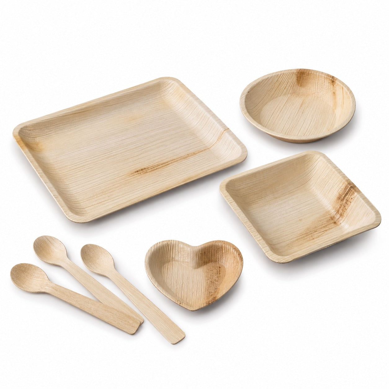 Areca Leaf Combo #13 - Set of 07 Pcs - Rectangular Partition Plate: 6 X 9 Inches, Round Bowl: 2.5 Inches, Square Bowl: 3 X 4 Inches, Heart-Shaped Plate: 04 Inches, Cutlery Spoons: 03 Pcs | Orika Naturals