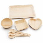 Areca Leaf Combo #13 - Set of 07 Pcs - Rectangular Partition Plate: 6 X 9 Inches, Round Bowl: 2.5 Inches, Square Bowl: 3 X 4 Inches, Heart-Shaped Plate: 04 Inches, Cutlery Spoons: 03 Pcs | Orika Naturals
