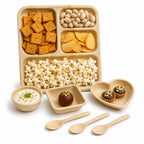 Areca Leaf Combo #12 - Set of 07 Pcs - Square Partition Plate: 10 Inches, 4 Compartments, Round Bowl: 2.5 Inches, Square Bowl: 3 X 4 Inches, Heart-Shaped Plate: 04 Inches, Cutlery Spoons: 03 Pcs | Orika Naturals